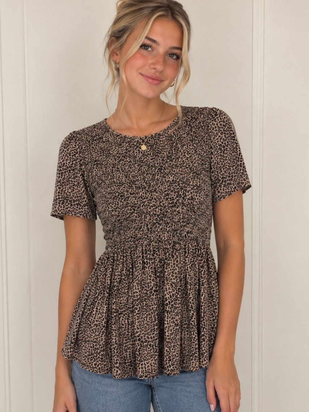 URBAN Romantics Leopard Smocked Peplum Top - Brown Black